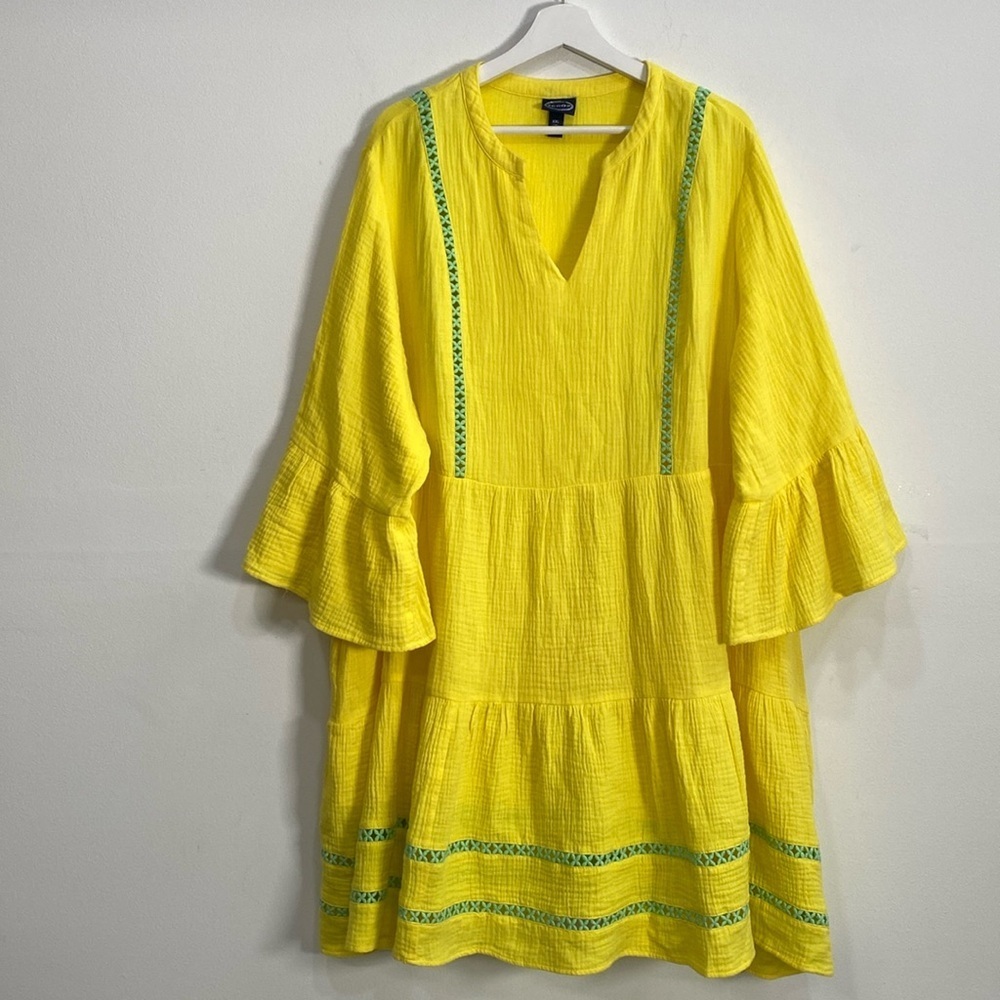 Gauzy Mini Dress Bayb doll Cotton Pockets Breathable 3/4 Sleeves Yellow XXL